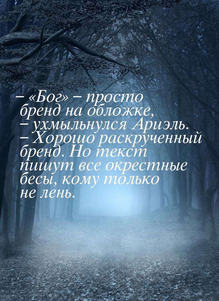 – «Бог» – просто бренд на обложке, – ухмыльнулся Ариэль. – Хорошо раскрученный бренд. Но т