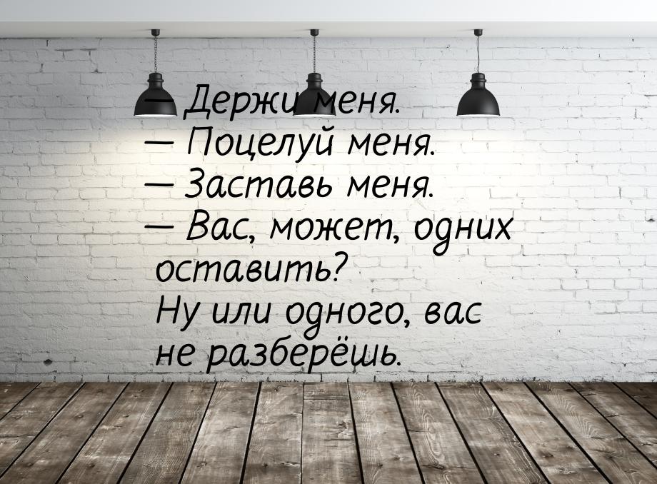 — Держи меня. — Поцелуй меня. — Заставь меня. — Вас, может, одних оставить? Ну или одного,