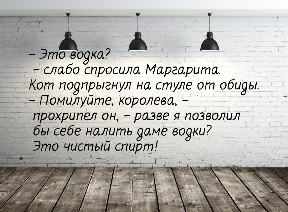 – Это водка? – слабо спросила Маргарита. Кот подпрыгнул на стуле от обиды. – Помилуйте, ко