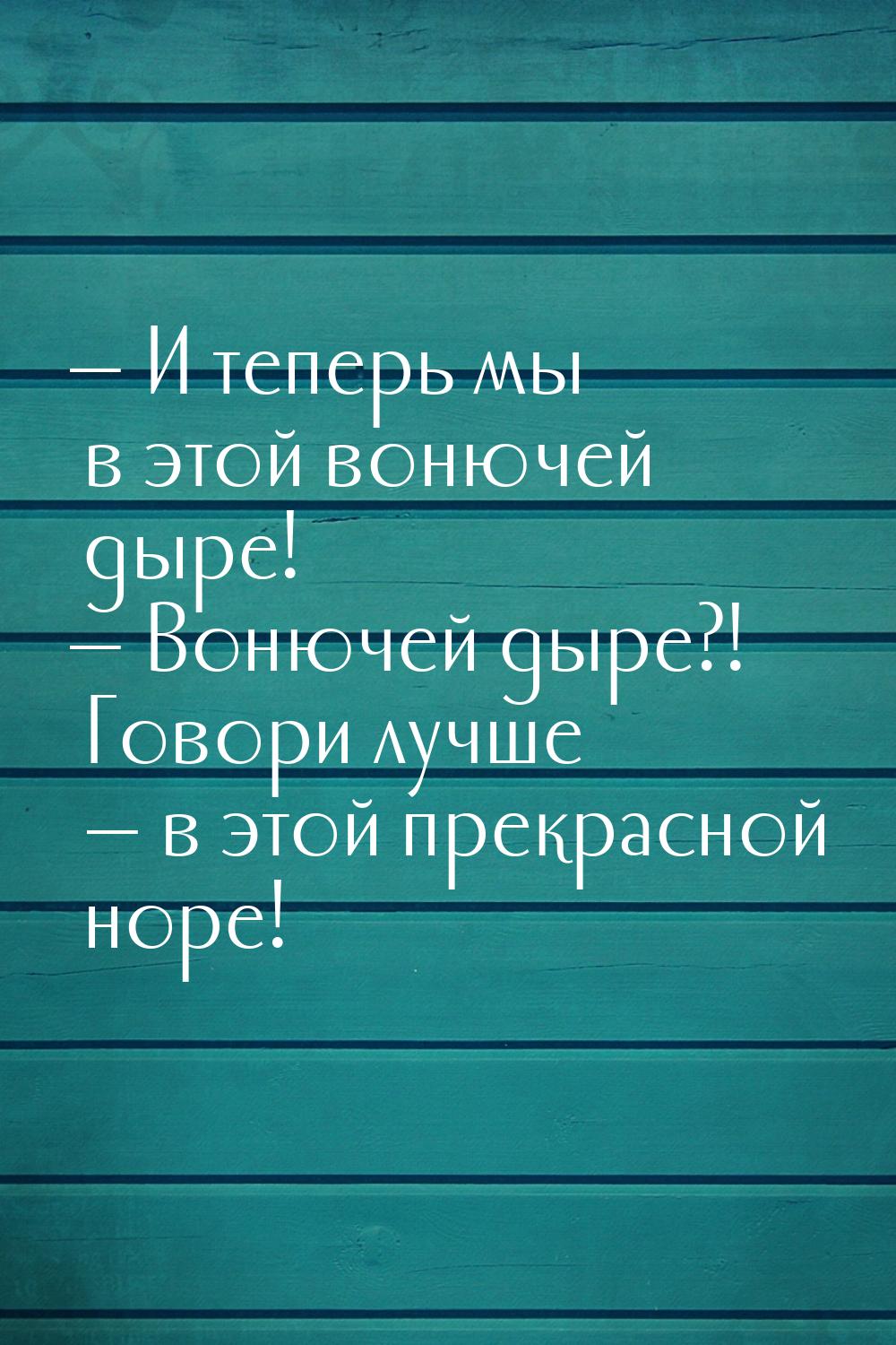 — И теперь мы в этой вонючей дыре! — Вонючей дыре?! Говори лучше — в этой прекрасной норе!