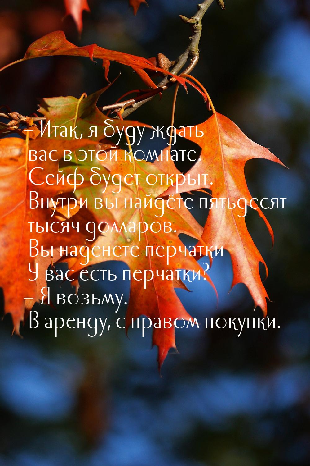 – Итак, я буду ждать вас в этой комнате. Сейф будет открыт. Внутри вы найдёте пятьдесят ты