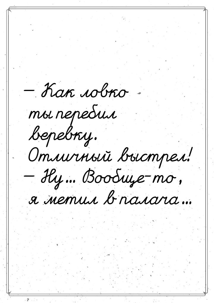 — Как ловко ты перебил веревку. Отличный выстрел! — Ну… Вообще-то, я метил в палача…