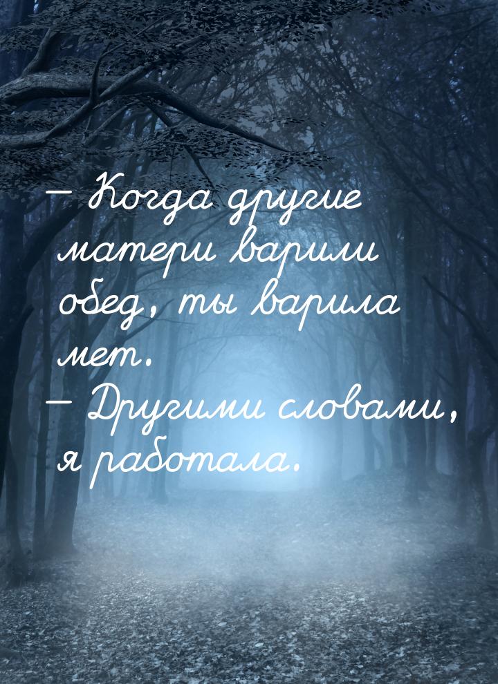 — Когда другие матери варили обед, ты варила мет. — Другими словами, я работала.