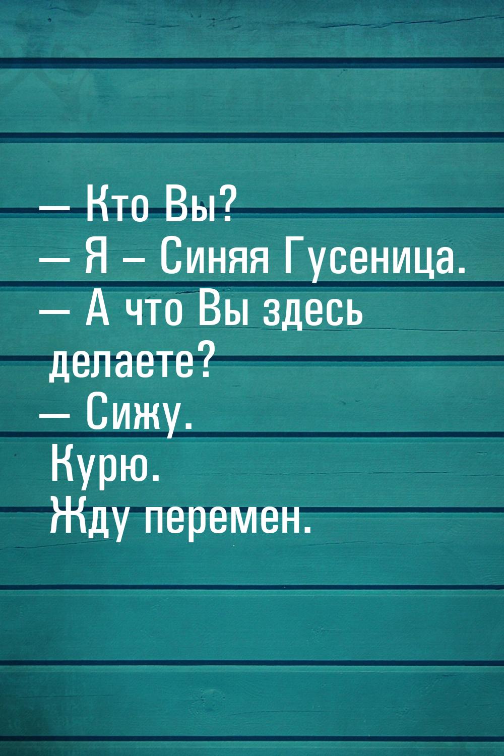 — Кто Вы? — Я – Синяя Гусеница. — А что Вы здесь делаете? — Сижу. Курю. Жду перемен.