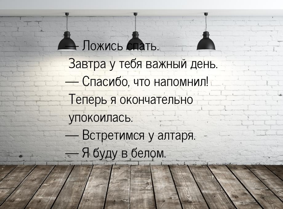 — Ложись спать. Завтра у тебя важный день. — Спасибо, что напомнил! Теперь я окончательно 