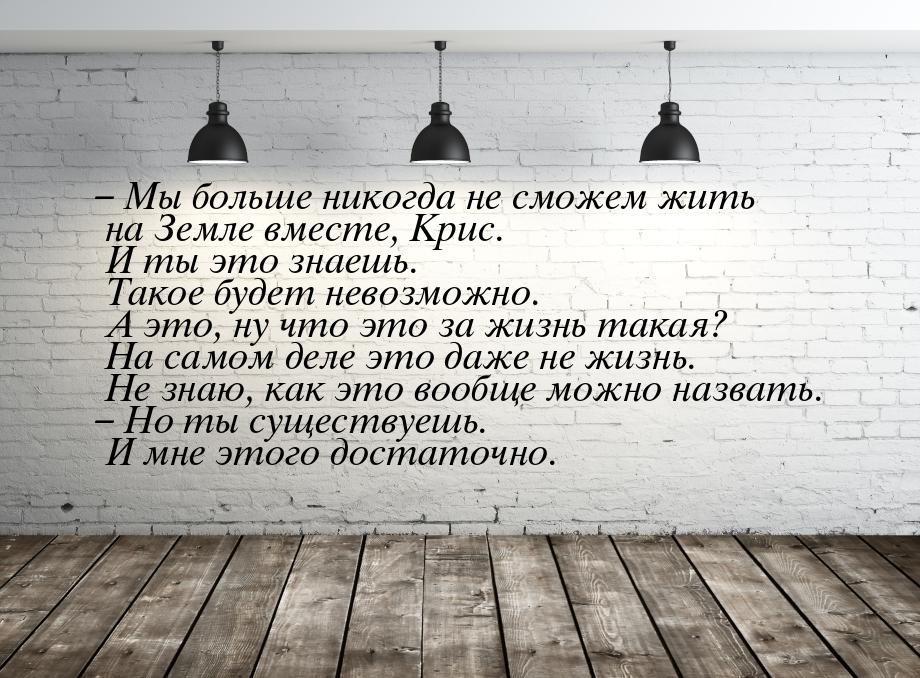 – Мы больше никогда не сможем жить на Земле вместе, Крис. И ты это знаешь. Такое будет нев