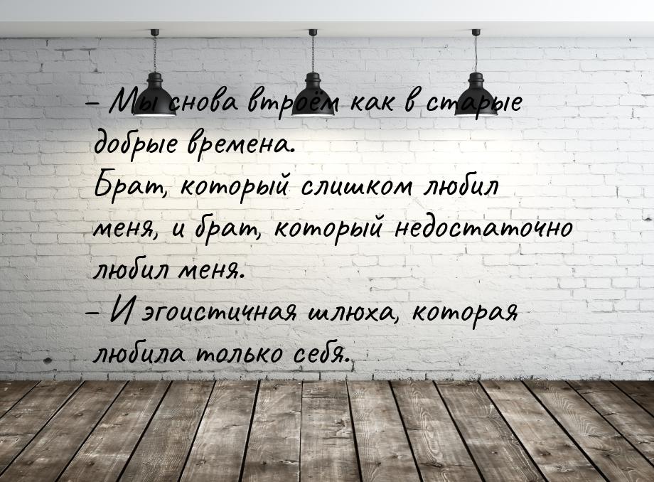 – Мы снова втроём как в старые добрые времена. Брат, который слишком любил меня, и брат, к