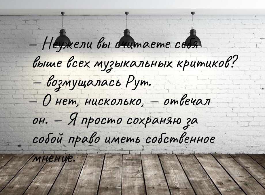 — Неужели вы считаете себя выше всех музыкальных критиков? — возмущалась Рут. — О нет, нис