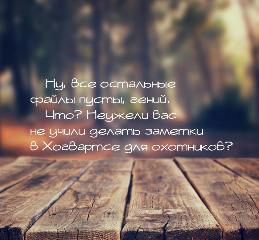 — Ну, все остальные файлы пусты, гений. — Что? Неужели вас не учили делать заметки в Хогва