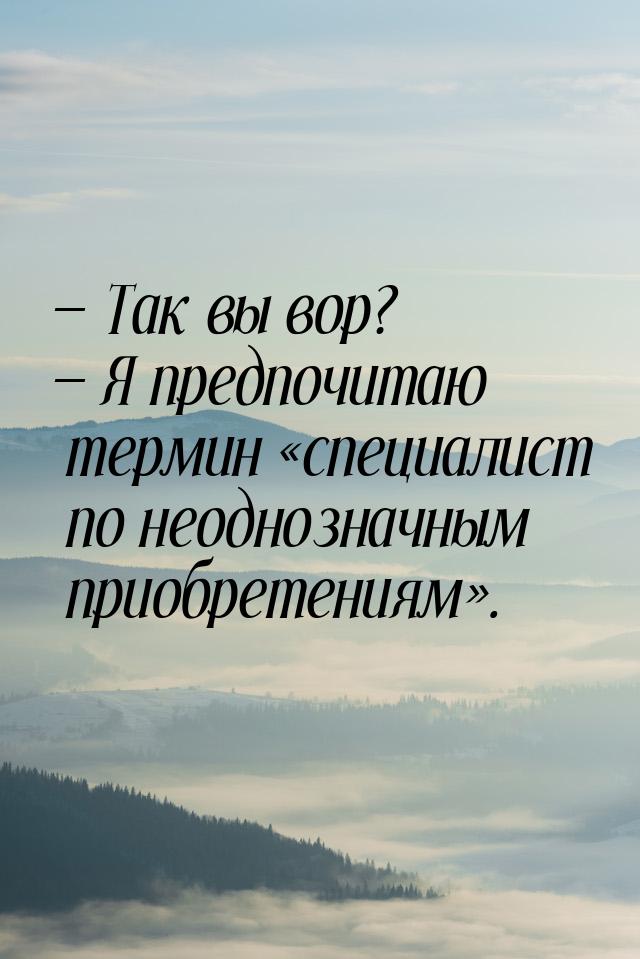 — Так вы вор? — Я предпочитаю термин «специалист по неоднозначным приобретениям».