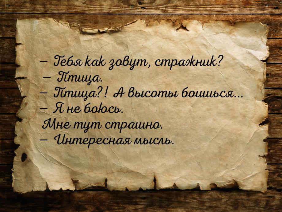 — Тебя как зовут, стражник?  — Птица. — Птица?! А высоты боишься... — Я не боюсь. Мне тут 