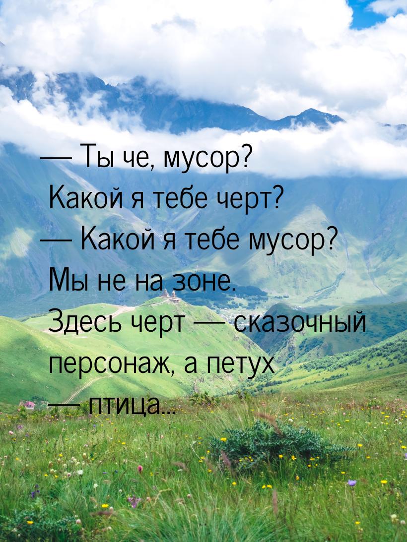 — Ты че, мусор? Какой я тебе черт? — Какой я тебе мусор? Мы не на зоне. Здесь черт — сказо