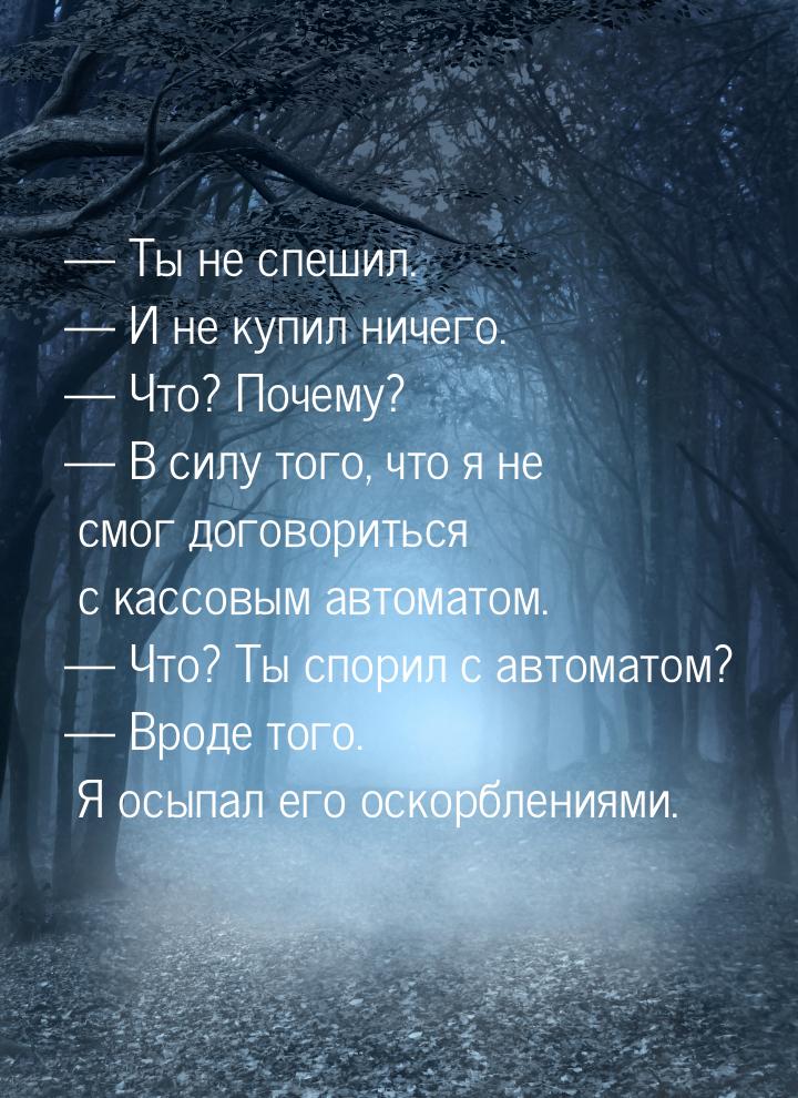 — Ты не спешил. — И не купил ничего. — Что? Почему? — В силу того, что я не смог договорит