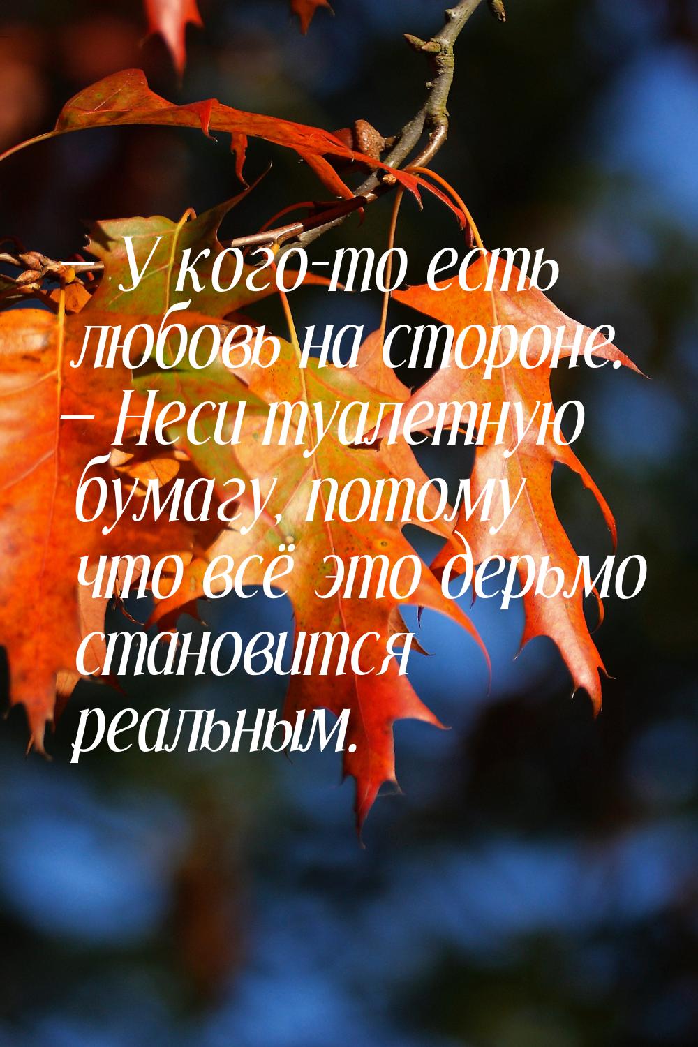 — У кого-то есть любовь на стороне. — Неси туалетную бумагу, потому что всё это дерьмо ста