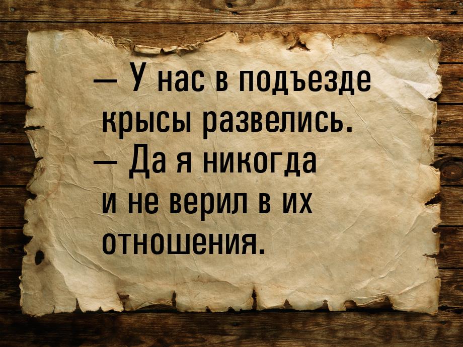 — У нас в подъезде крысы развелись. — Да я никогда и не верил в их отношения.