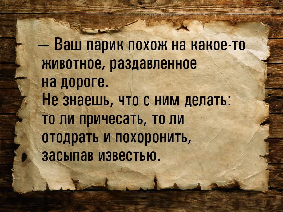 — Ваш парик похож на какое-то животное, раздавленное на дороге. Не знаешь, что с ним делат