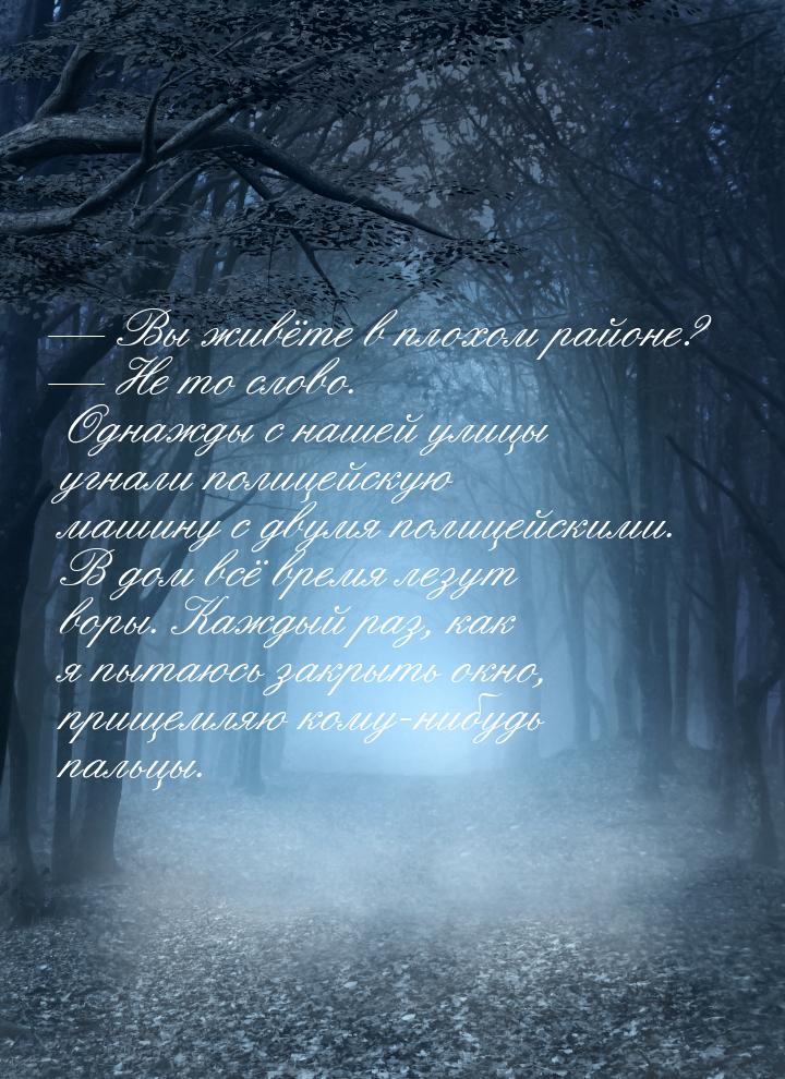 — Вы живёте в плохом районе? — Не то слово. Однажды с нашей улицы угнали полицейскую машин