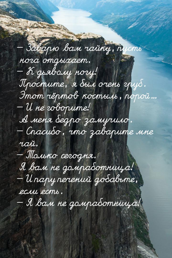 — Заварю вам чайку, пусть нога отдыхает. — К дьяволу ногу! Простите, я был очень груб. Это