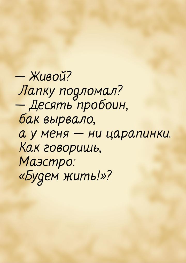 — Живой? Лапку подломал? — Десять пробоин, бак вырвало, а у меня — ни царапинки. Как говор