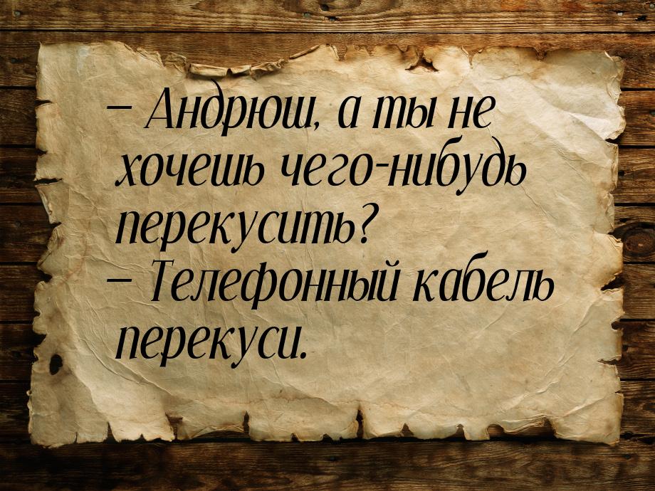  Андрюш, а ты не хочешь чего-нибудь перекусить?  Телефонный кабель перекуси.