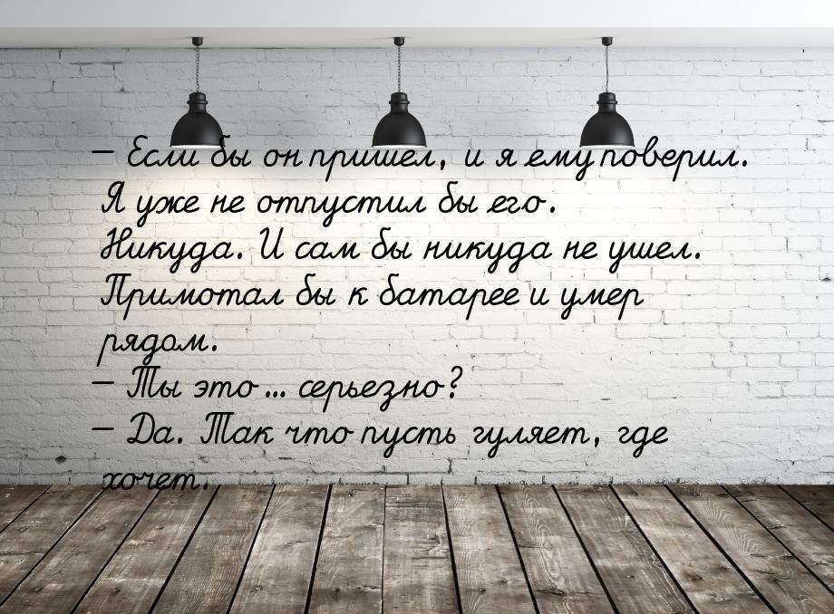  Если бы он пришел, и я ему поверил. Я уже не отпустил бы его. Никуда. И сам бы ник