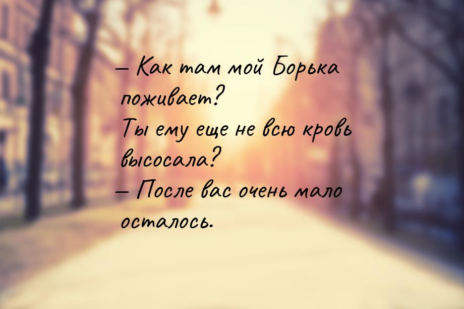  Как там мой Борька поживает? Ты ему еще не всю кровь высосала?  После вас о