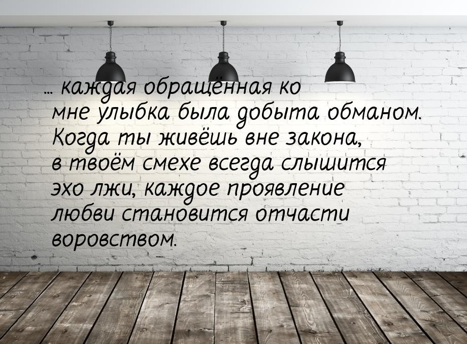 ... каждая обращённая ко мне улыбка была добыта обманом. Когда ты живёшь вне закона, в тво