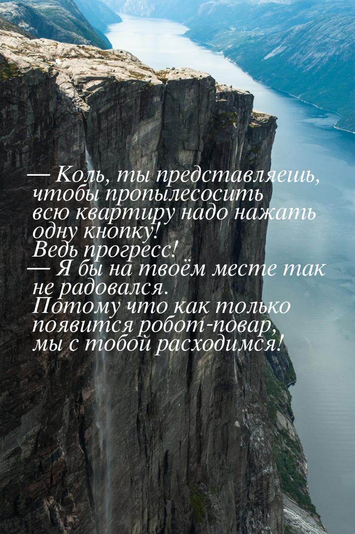  Коль, ты представляешь, чтобы пропылесосить всю квартиру надо нажать одну кнопку! 