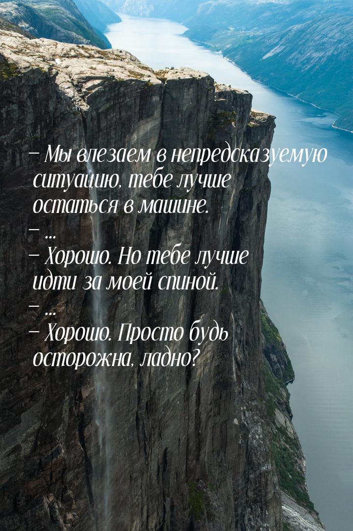  Мы влезаем в непредсказуемую ситуацию, тебе лучше остаться в машине.  ... &