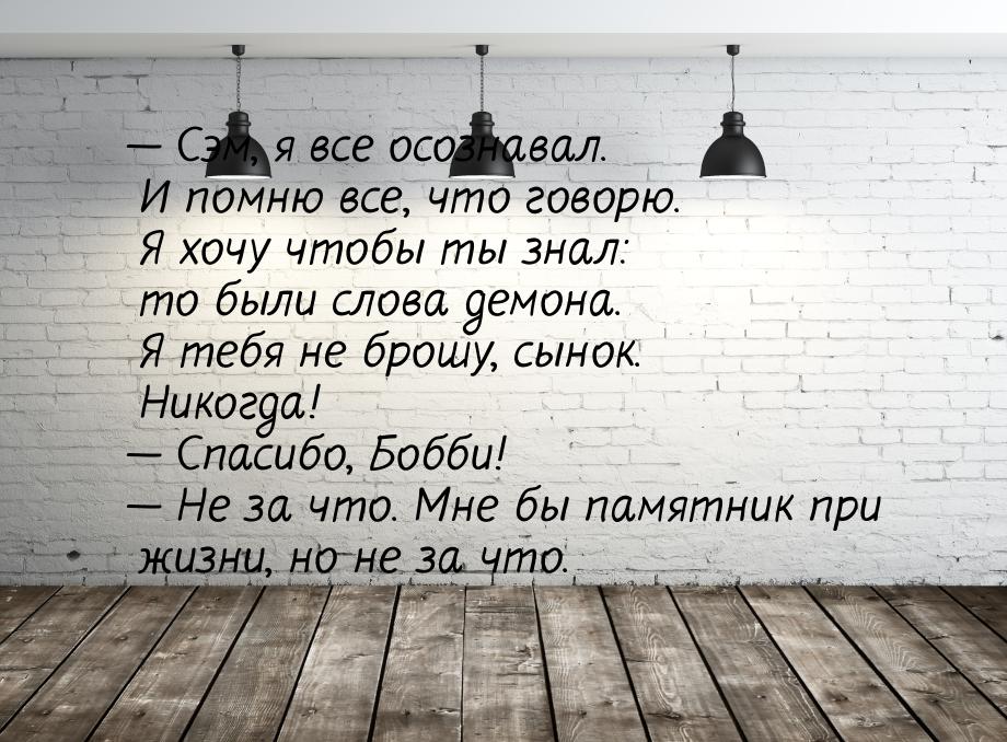  Сэм, я все осознавал. И помню все, что говорю. Я хочу чтобы ты знал: то были слова