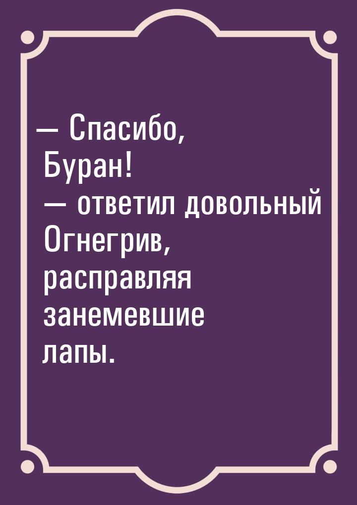  Спасибо, Буран!  ответил довольный Огнегрив, расправляя занемевшие лапы.