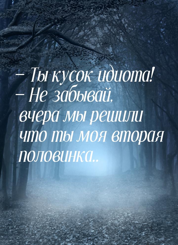  Ты кусок идиота!  Не забывай, вчера мы решили что ты моя вторая половинка..