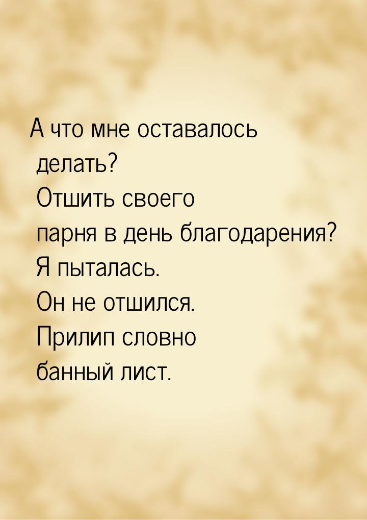 А что мне оставалось делать? Отшить своего парня в день благодарения? Я пыталась. Он не от