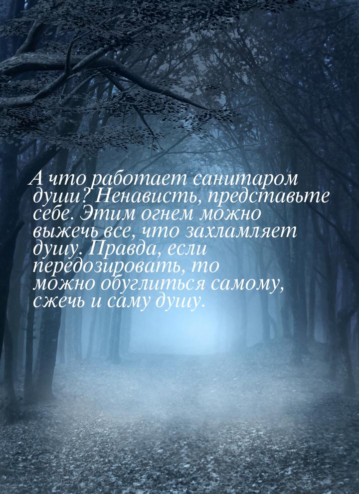 А что работает санитаром души? Ненависть, представьте себе. Этим огнем можно выжечь все, ч