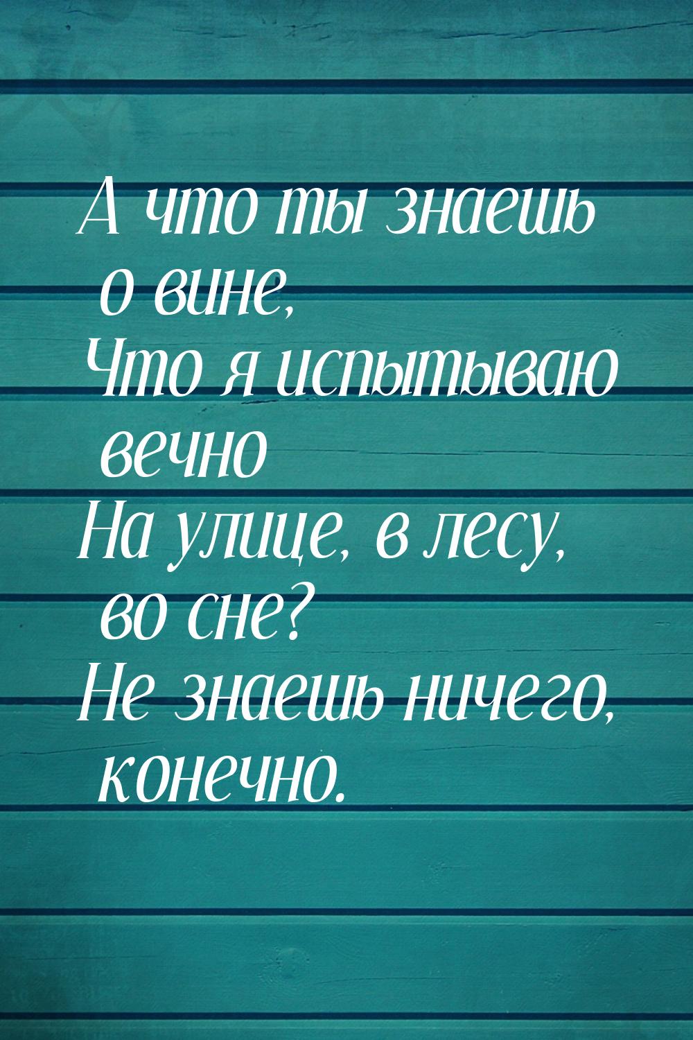 А что ты знаешь о вине, Что я испытываю вечно На улице, в лесу, во сне? Не знаешь ничего, 