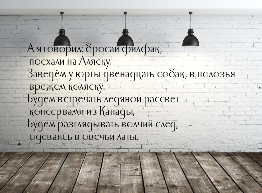 А я говорил: бросай филфак, поехали на Аляску. Заведём у юрты двенадцать собак, в полозья 