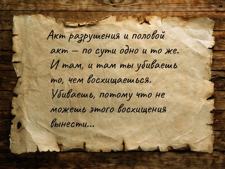 Акт разрушения и половой акт  по сути одно и то же. И там, и там ты убиваешь то, че