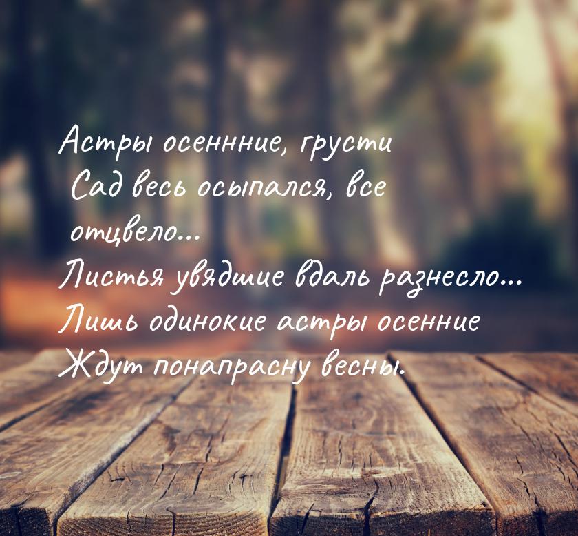 Астры осеннние, грусти Сад весь осыпался, все отцвело... Листья увядшие вдаль разнесло... 