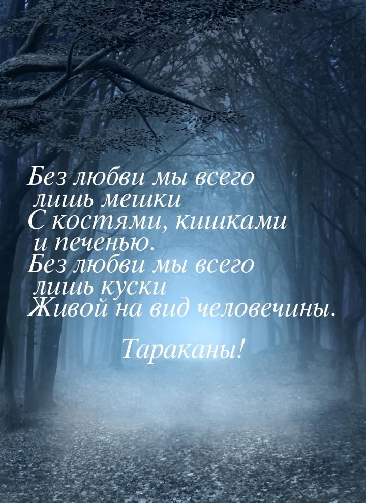 Без любви мы всего лишь мешки С костями, кишками и печенью. Без любви мы всего лишь куски 