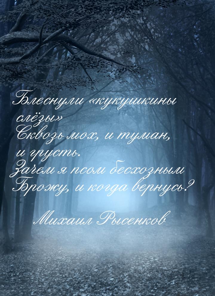 Блеснули кукушкины слёзы Сквозь мох, и туман, и грусть. Зачем я псом бесхозн