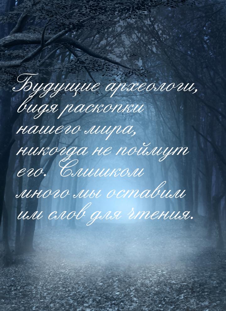 Будущие археологи, видя раскопки нашего мира, никогда не поймут его. Слишком много мы оста