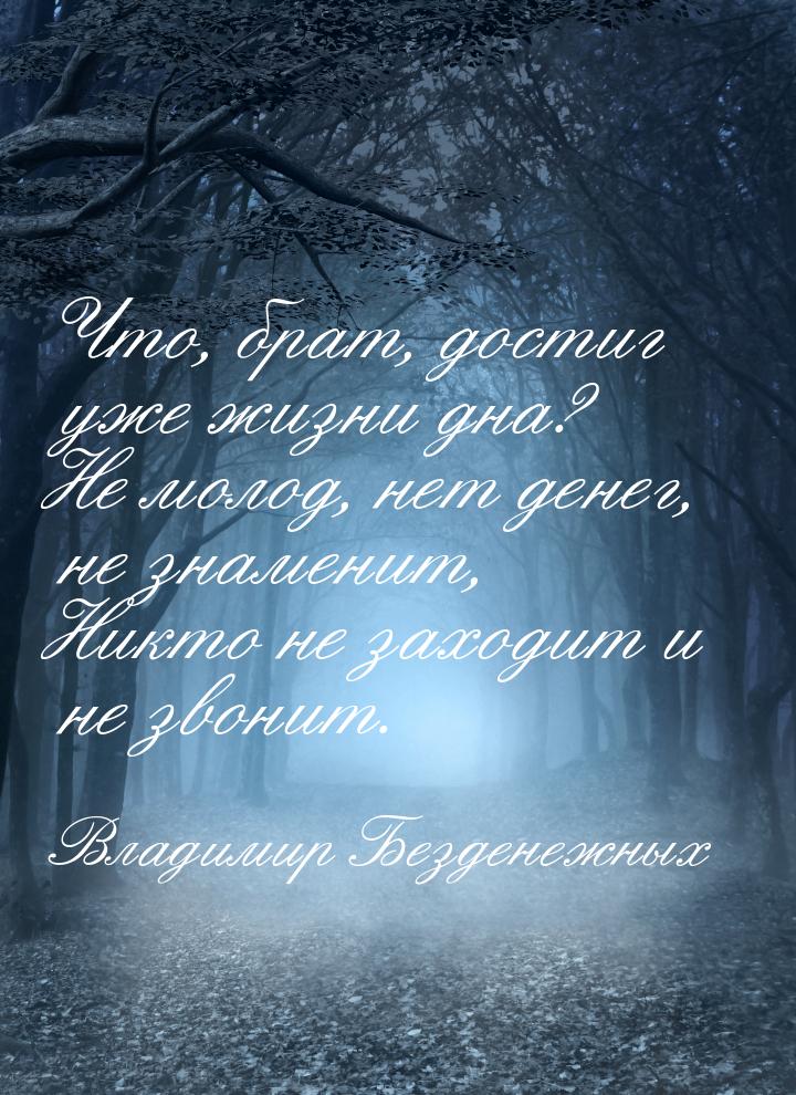 Что, брат, достиг уже жизни дна? Не молод, нет денег, не знаменит, Никто не заходит и не з