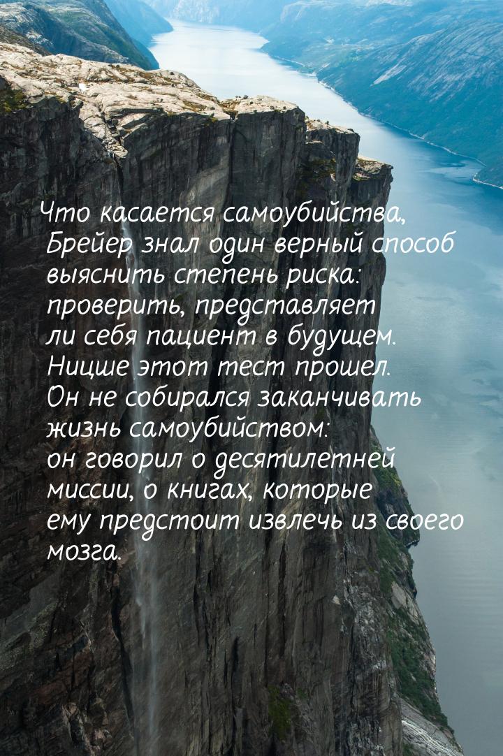 Что касается самоубийства, Брейер знал один верный способ выяснить степень риска: проверит