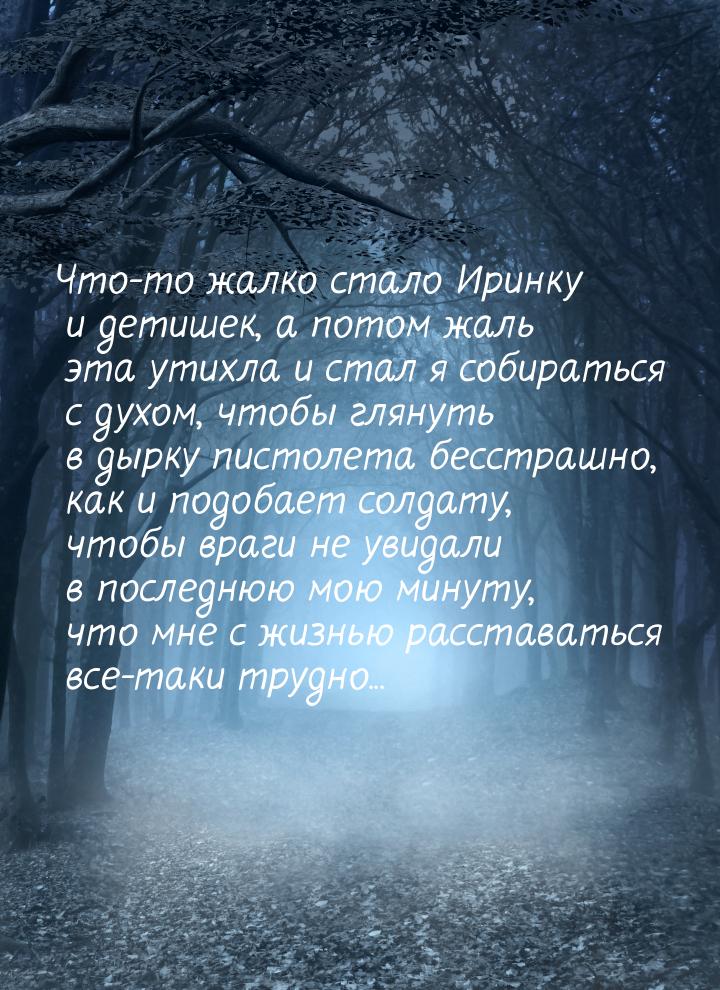 Что-то жалко стало Иринку и детишек, а потом жаль эта утихла и стал я собираться с духом, 