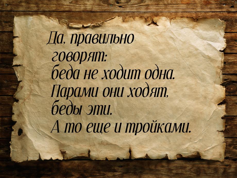 Да, правильно говорят: беда не ходит одна. Парами они ходят, беды эти. А то еще и тройками