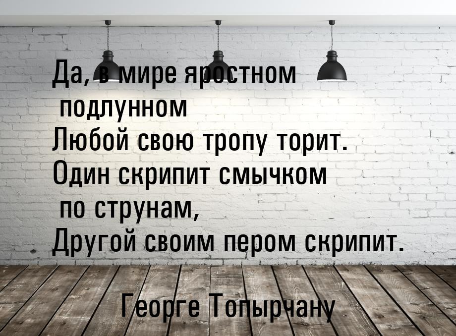 Да, в мире яростном подлунном Любой свою тропу торит. Один скрипит смычком по струнам, Дру