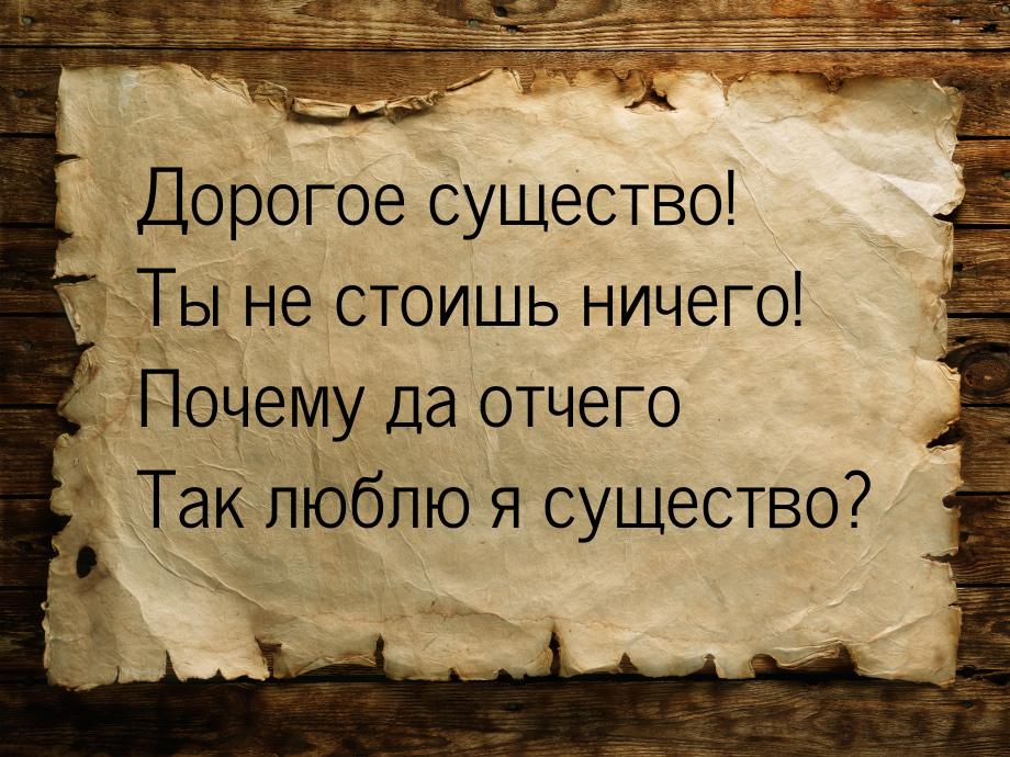 Дорогое существо! Ты не стоишь ничего! Почему да отчего Так люблю я существо?