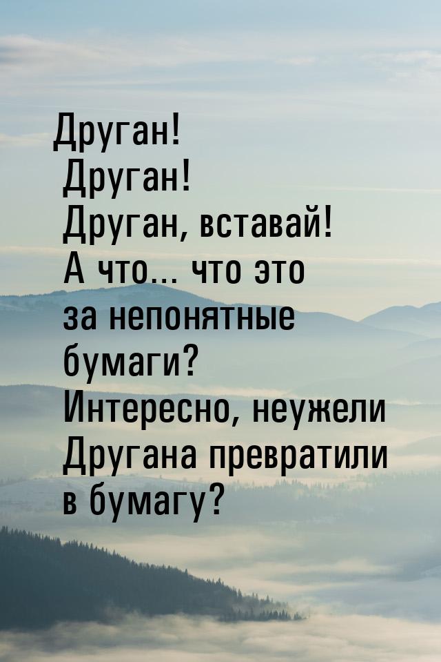 Друган! Друган! Друган, вставай! А что… что это за непонятные бумаги? Интересно, неужели Д