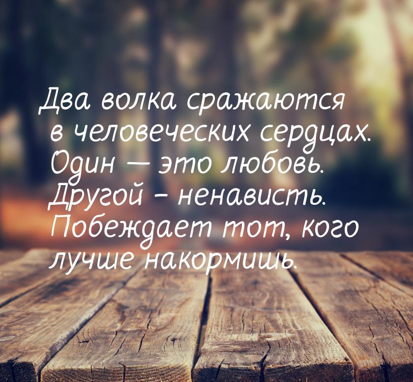 Два волка сражаются в человеческих сердцах. Один  это любовь. Другой – ненависть. П