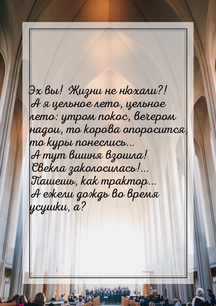 Эх вы! Жизни не нюхали?! А я цельное лето, цельное лето: утром покос, вечером надои, то ко